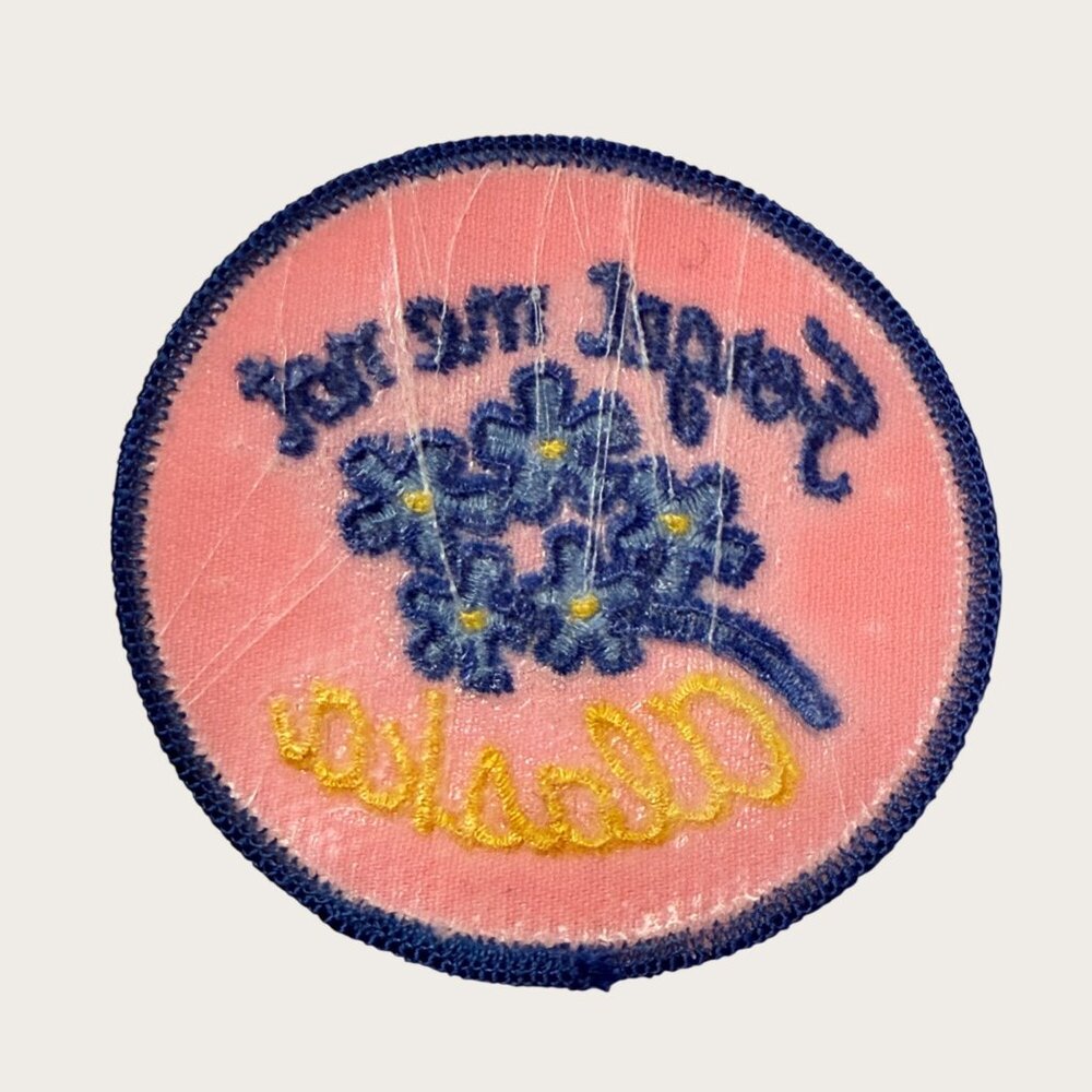 Vintage Forget Me Not Alaska Embroidered Iron-On Patch Pink Blue Circular Design - Picture 2 of 2